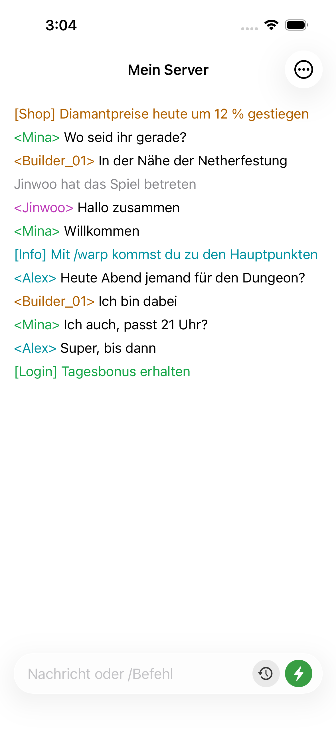 ChatMC showing live server chat, with players asking a question and an admin replying.