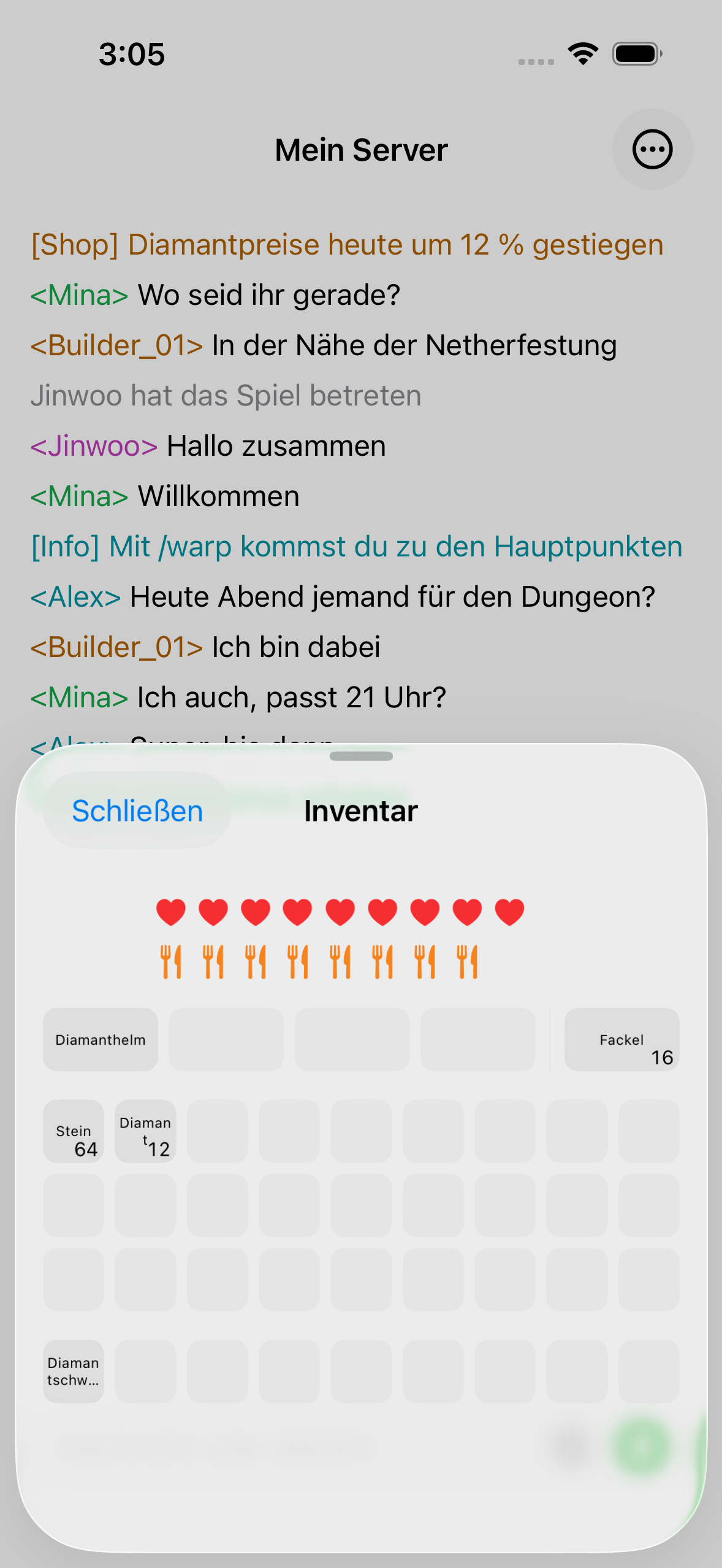 The ChatMC inventory view showing items, health and hunger.
