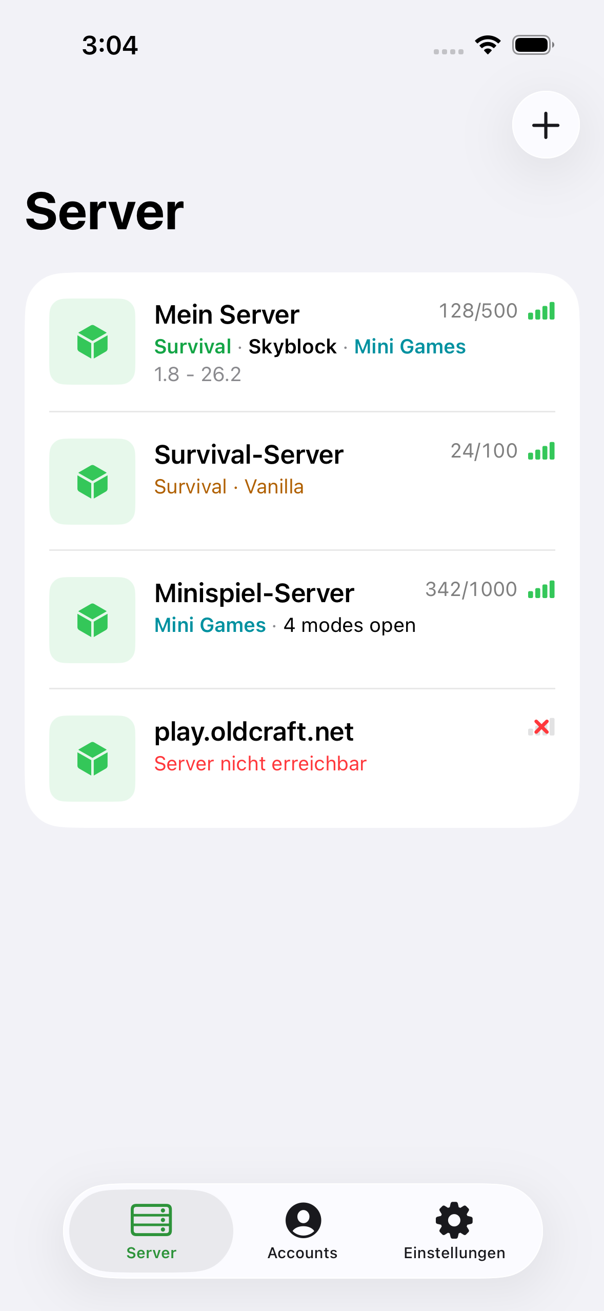 The ChatMC server list showing saved servers with player counts.
