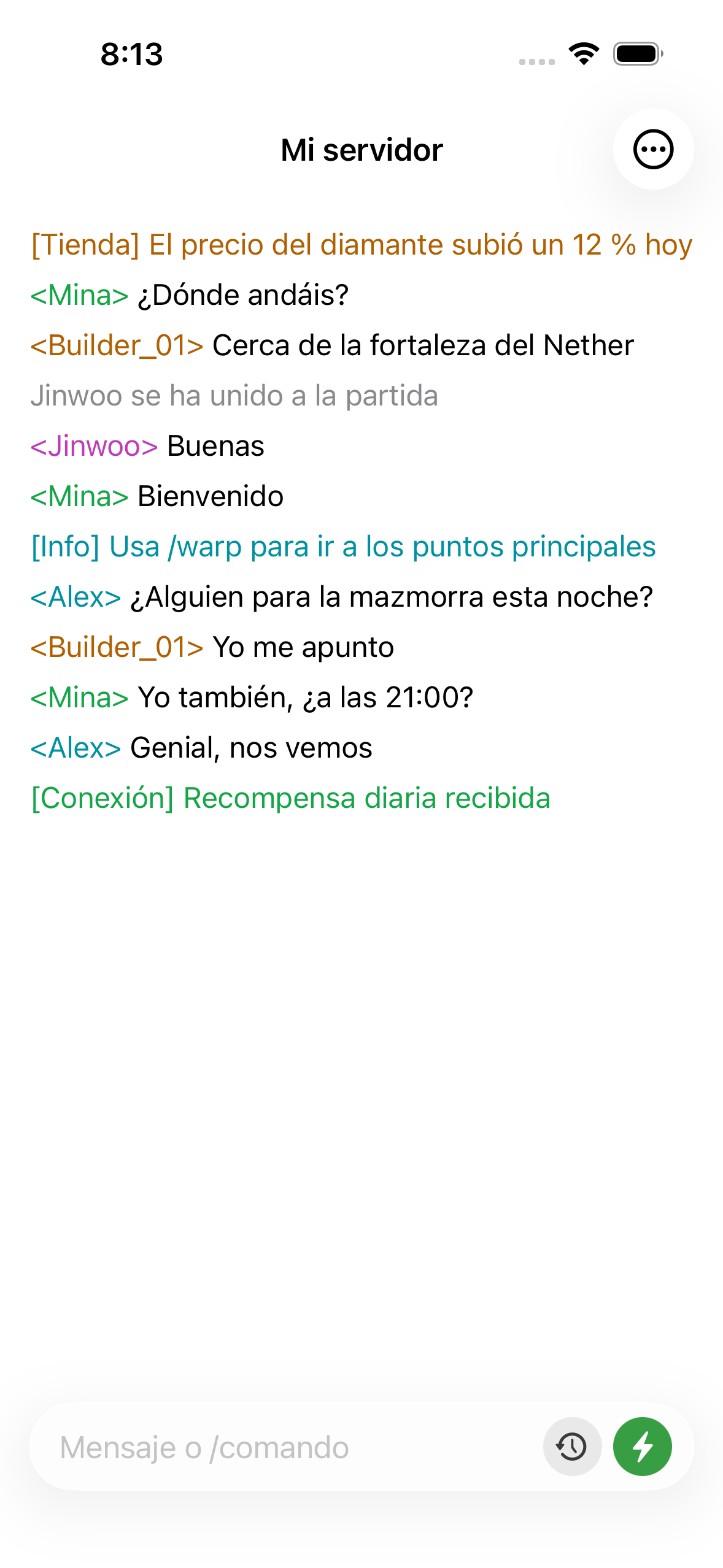 ChatMC showing live server chat, with players asking a question and an admin replying.