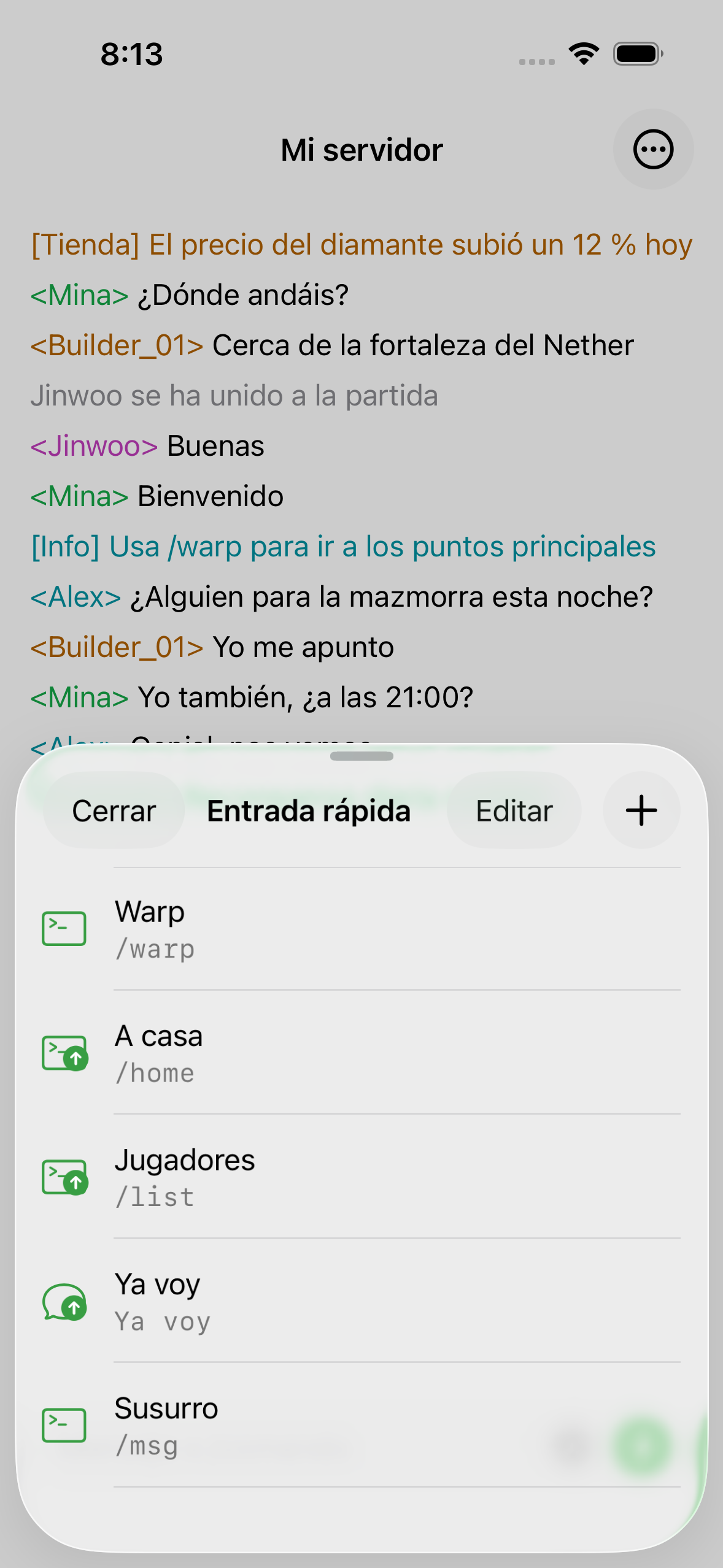 Saved quick inputs in ChatMC, including a spawn command and a greeting.