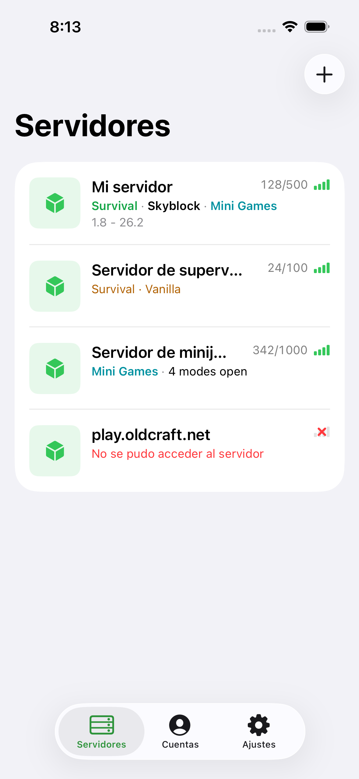The ChatMC server list showing saved servers with player counts.