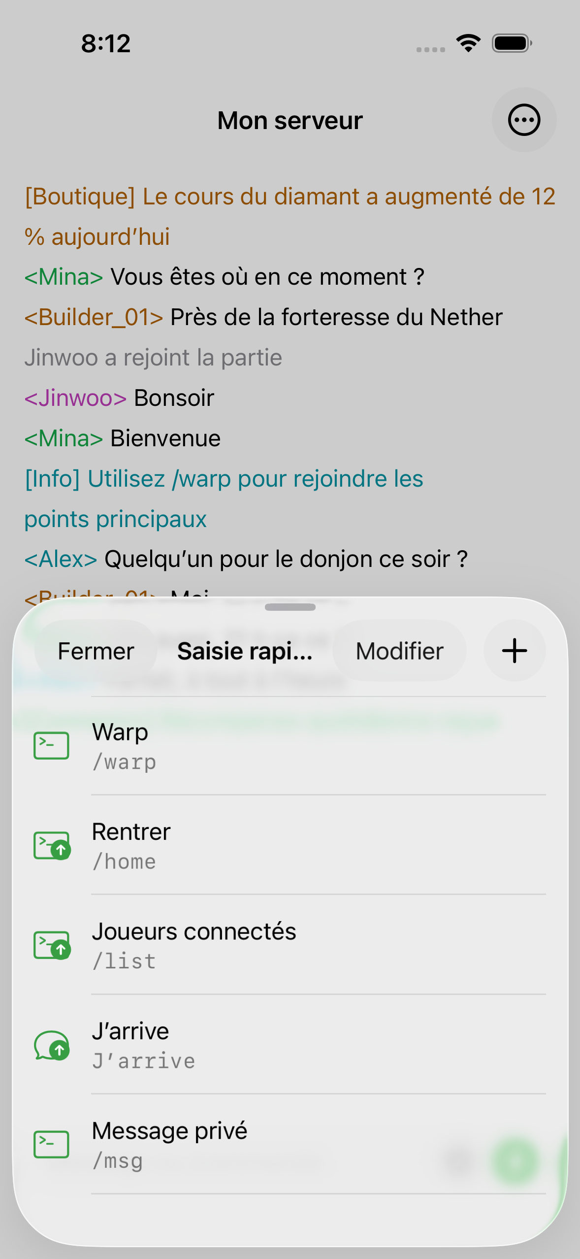Saved quick inputs in ChatMC, including a spawn command and a greeting.