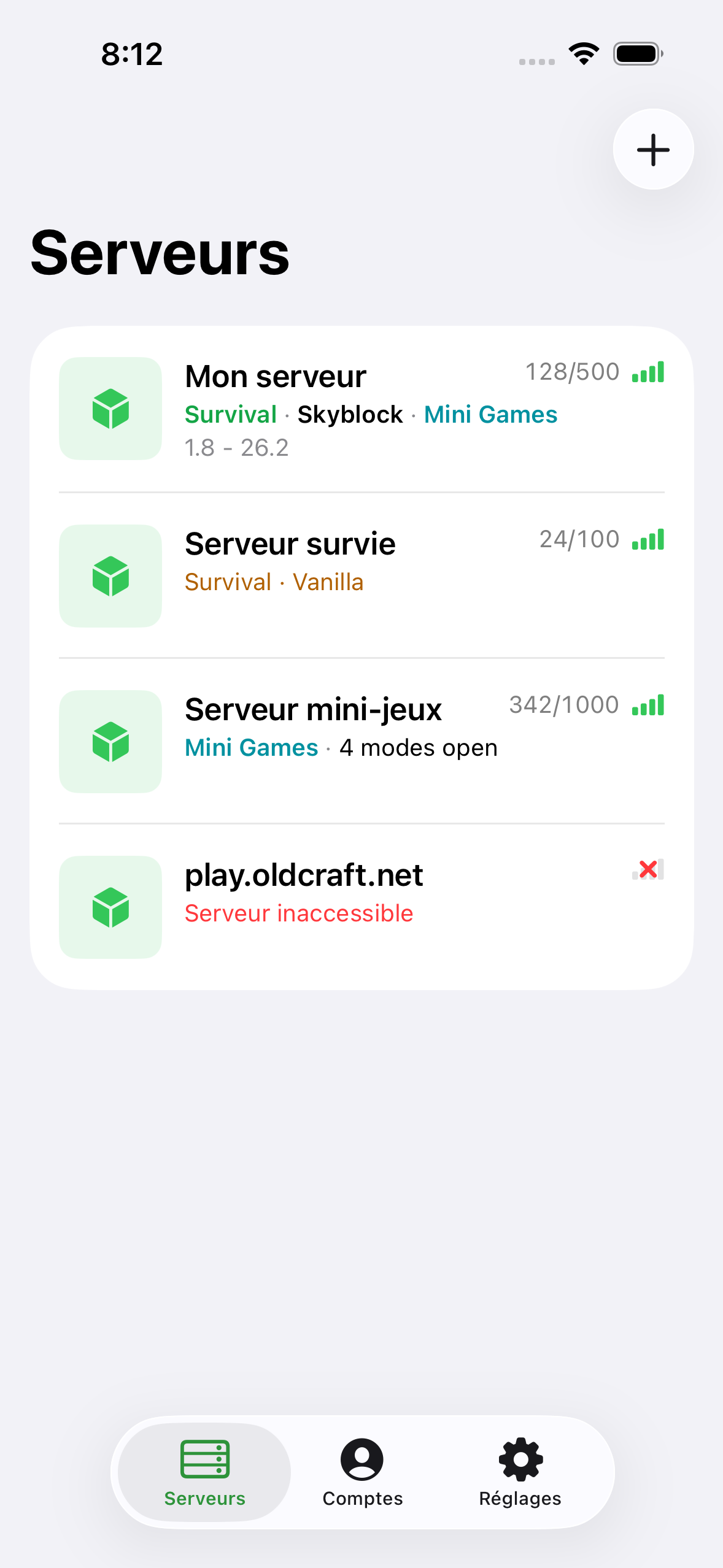 The ChatMC server list showing saved servers with player counts.