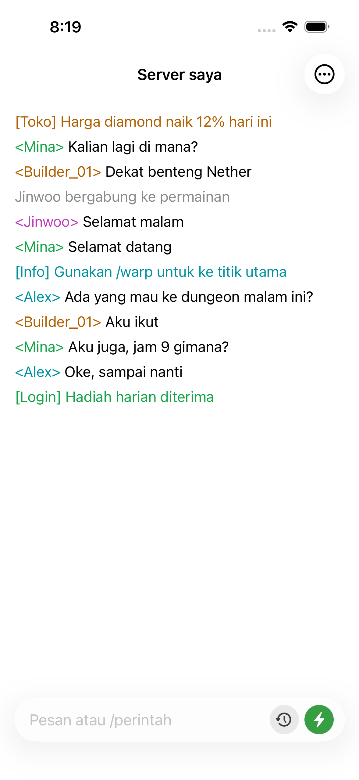 ChatMC showing live server chat, with players asking a question and an admin replying.