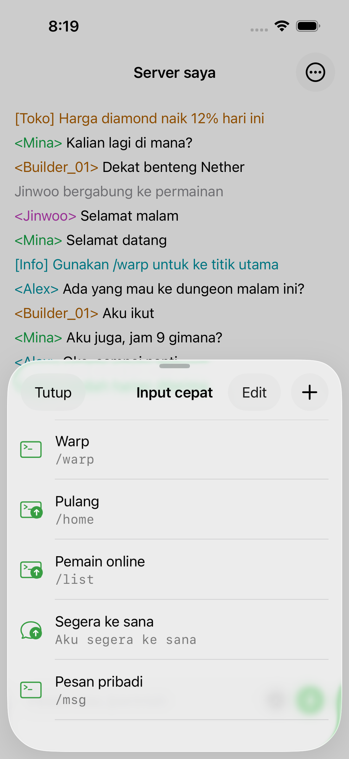 Saved quick inputs in ChatMC, including a spawn command and a greeting.