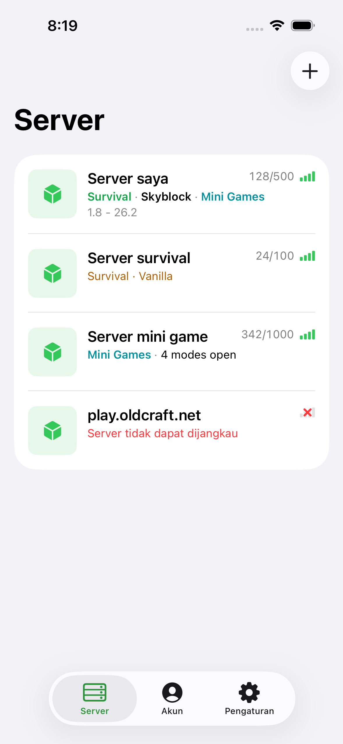 The ChatMC server list showing saved servers with player counts.