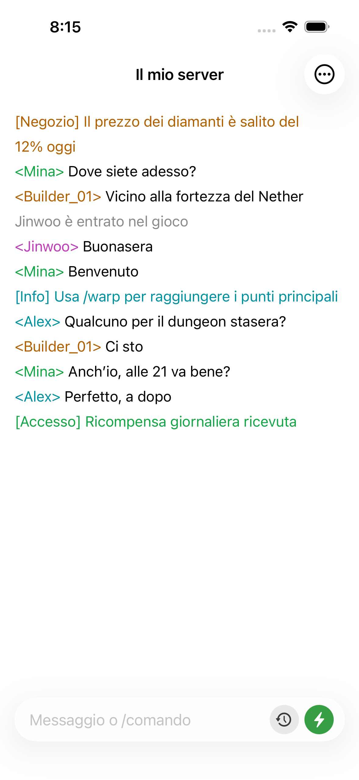 ChatMC showing live server chat, with players asking a question and an admin replying.