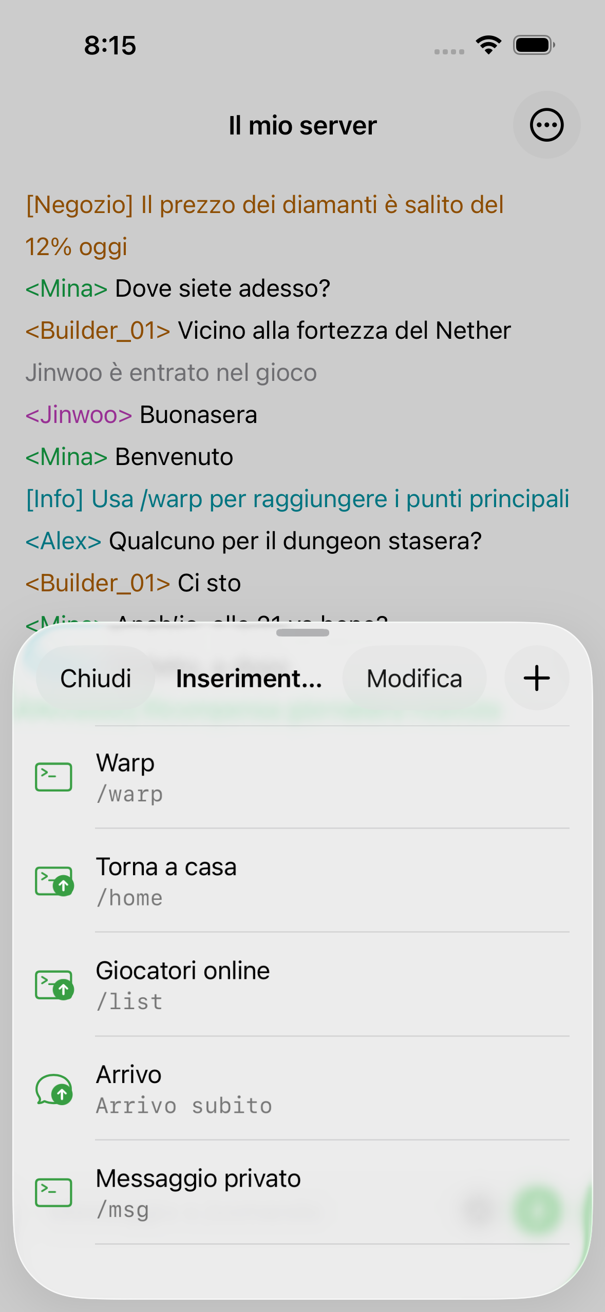 Saved quick inputs in ChatMC, including a spawn command and a greeting.