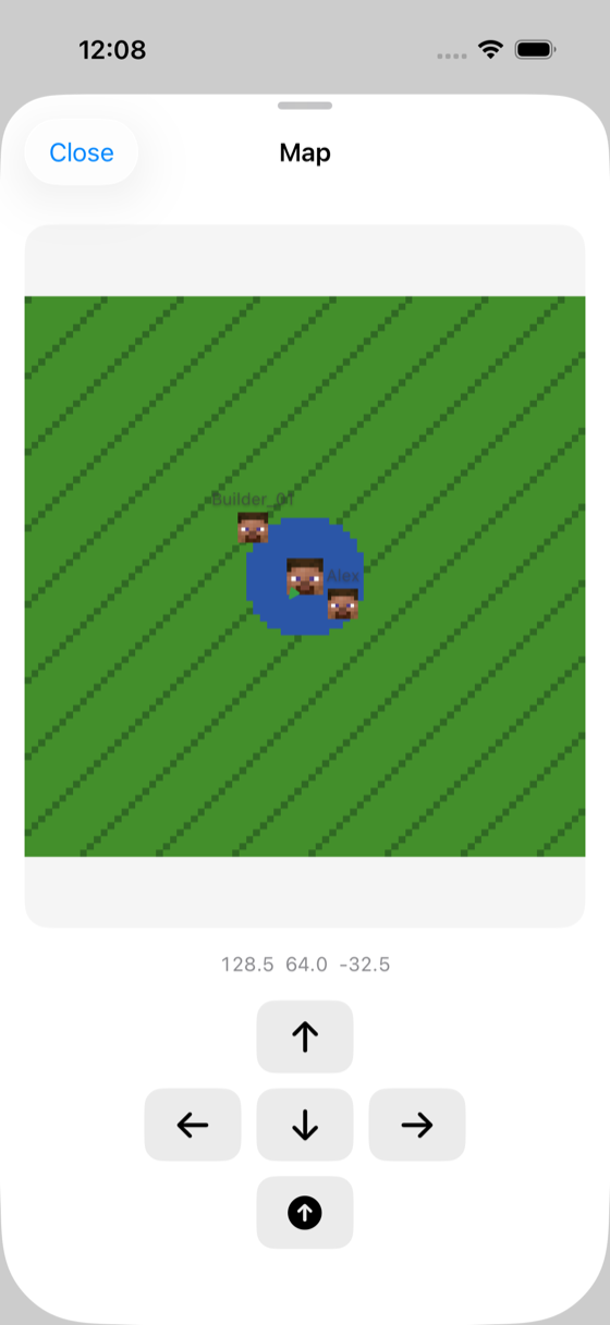 The ChatMC map view showing nearby terrain and player positions.