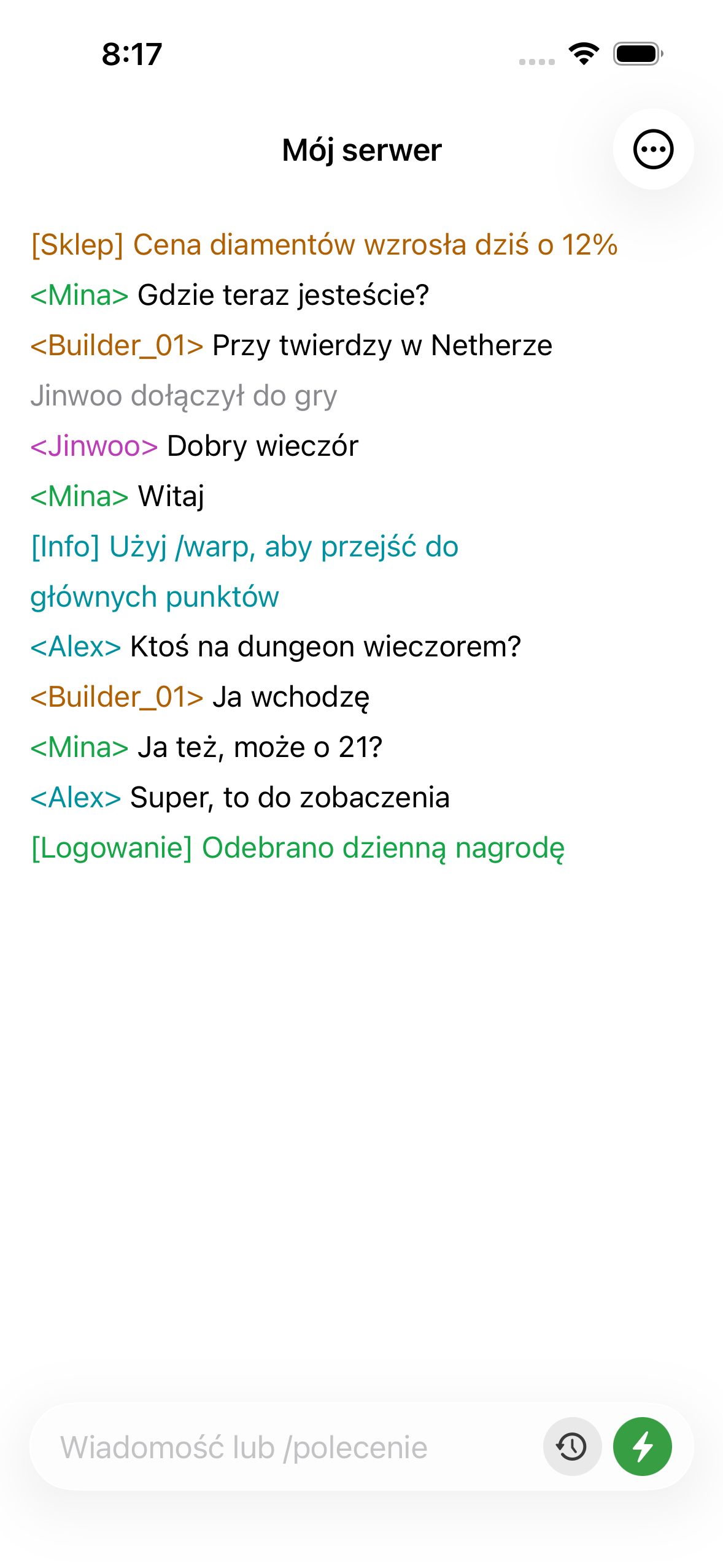 ChatMC showing live server chat, with players asking a question and an admin replying.