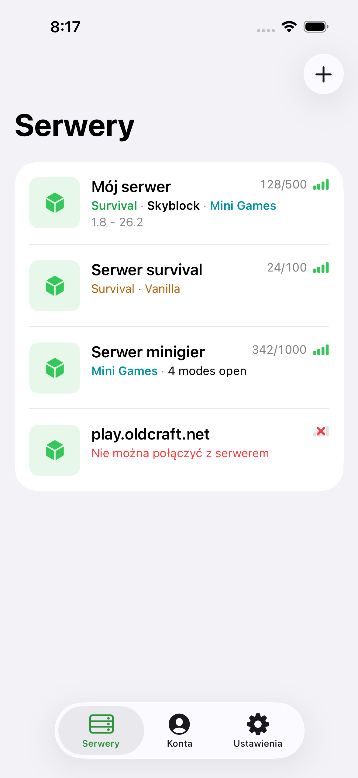 The ChatMC server list showing saved servers with player counts.