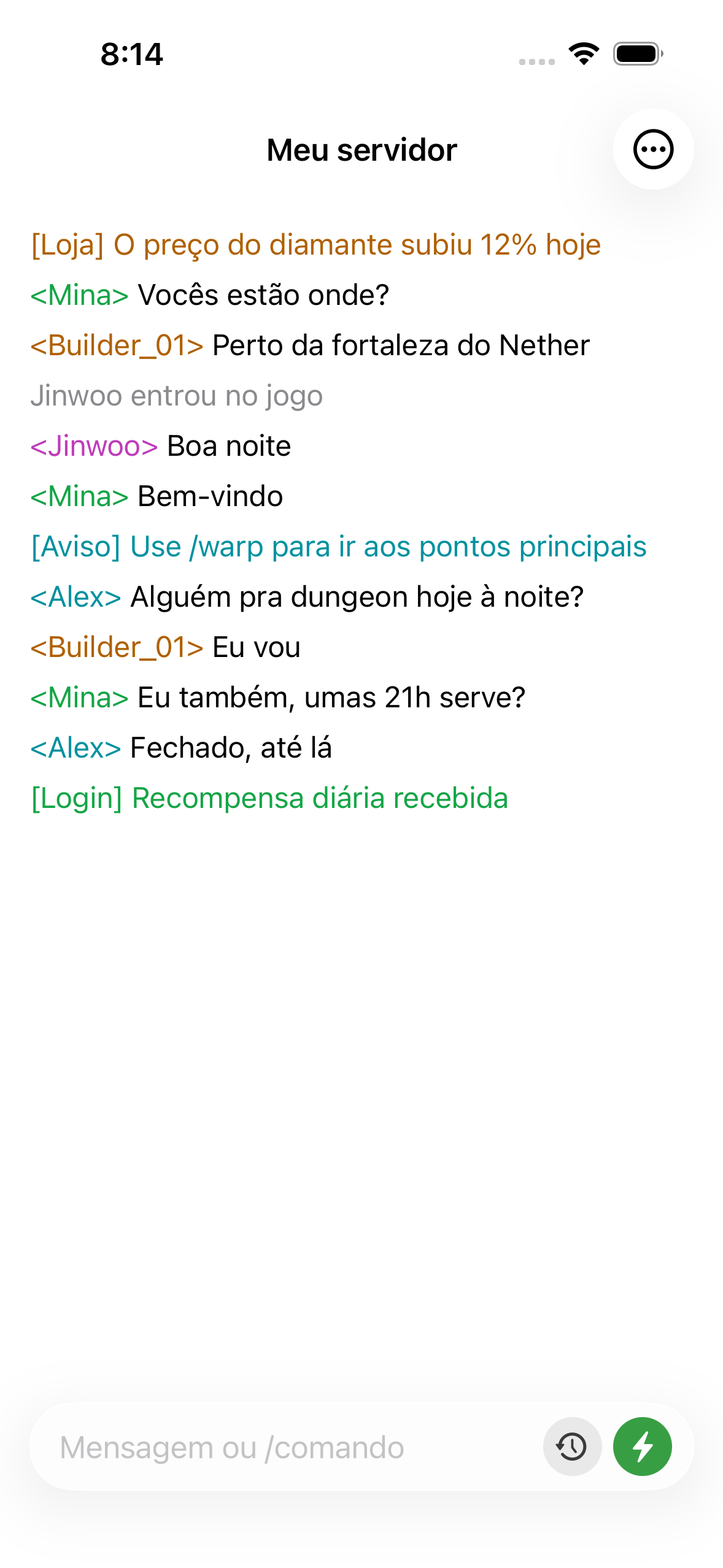 ChatMC showing live server chat, with players asking a question and an admin replying.