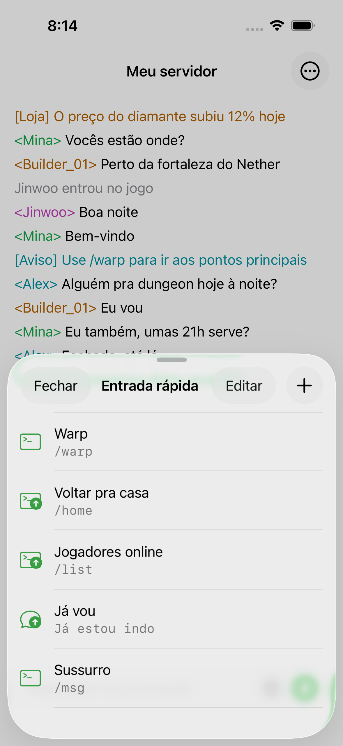 Saved quick inputs in ChatMC, including a spawn command and a greeting.