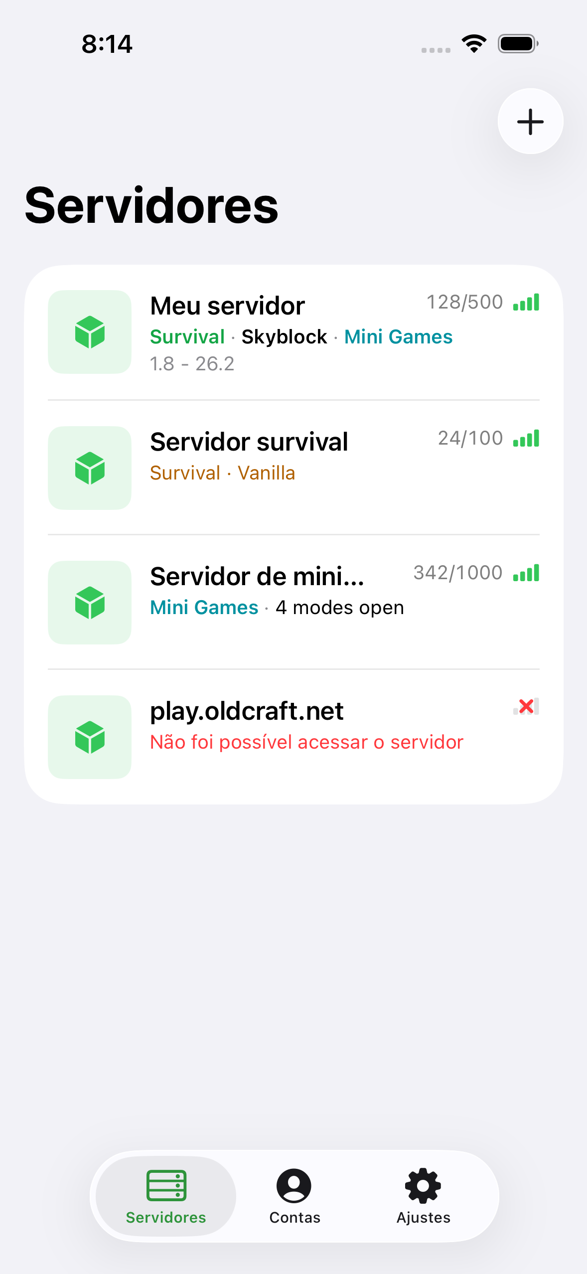 The ChatMC server list showing saved servers with player counts.