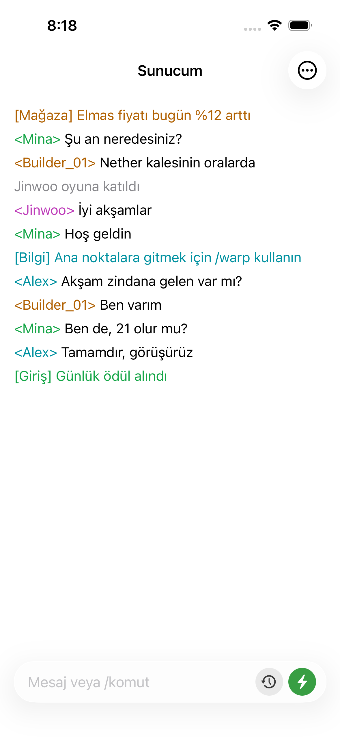 ChatMC showing live server chat, with players asking a question and an admin replying.