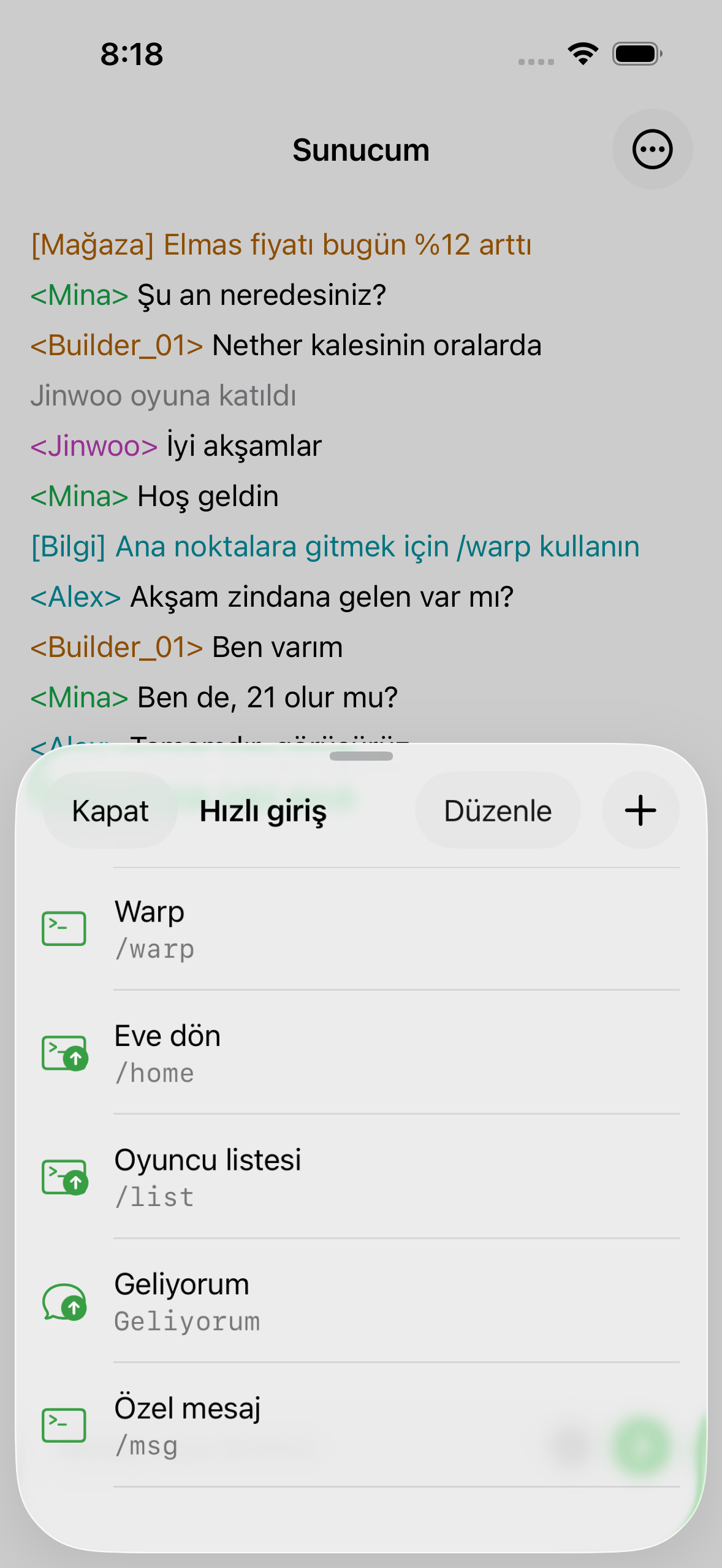 Saved quick inputs in ChatMC, including a spawn command and a greeting.