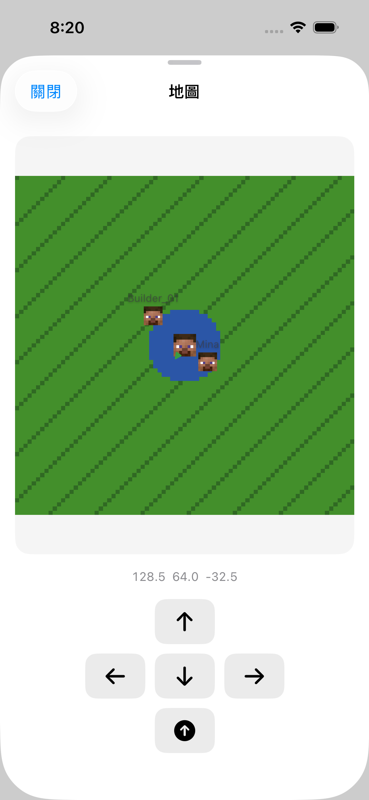 The ChatMC map view showing nearby terrain and player positions.